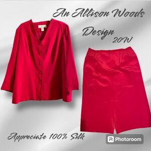 ALLISON WOODS DESIGN 100% SILK 2 PC Plus Size Ladies Suit 20W Like New Rich Red